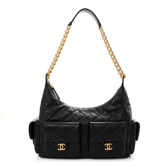 Chanel Shiny Lambskin Quilted Trendy Pockets Hobo Black