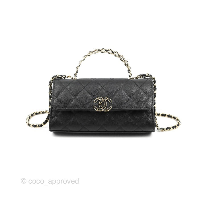 Chanel Top Handle Clutch with Chain Black Caviar Light Gold Hardware 23P