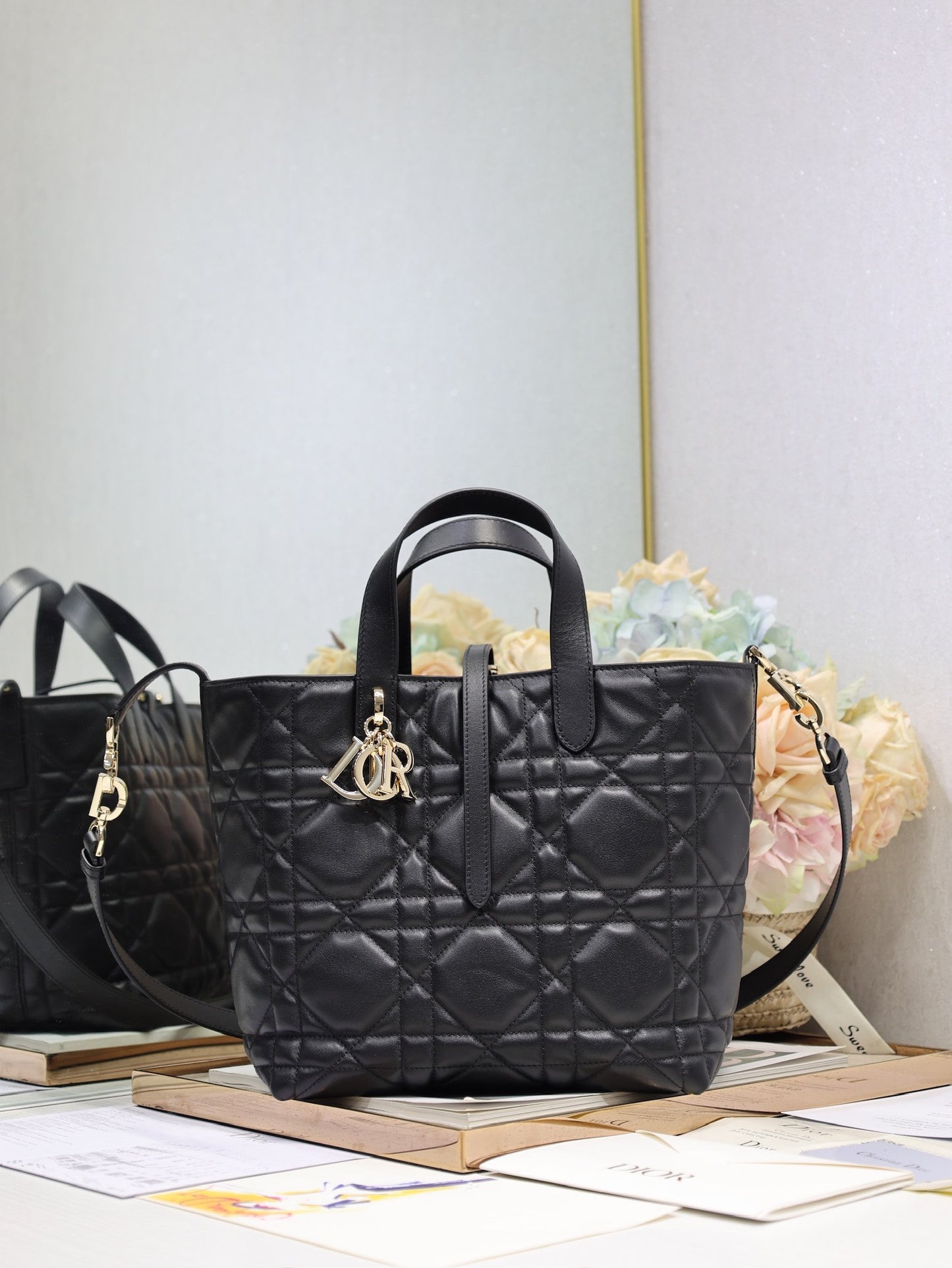 Quilted Vertical Tote with Top Handles and Shoulder Strap