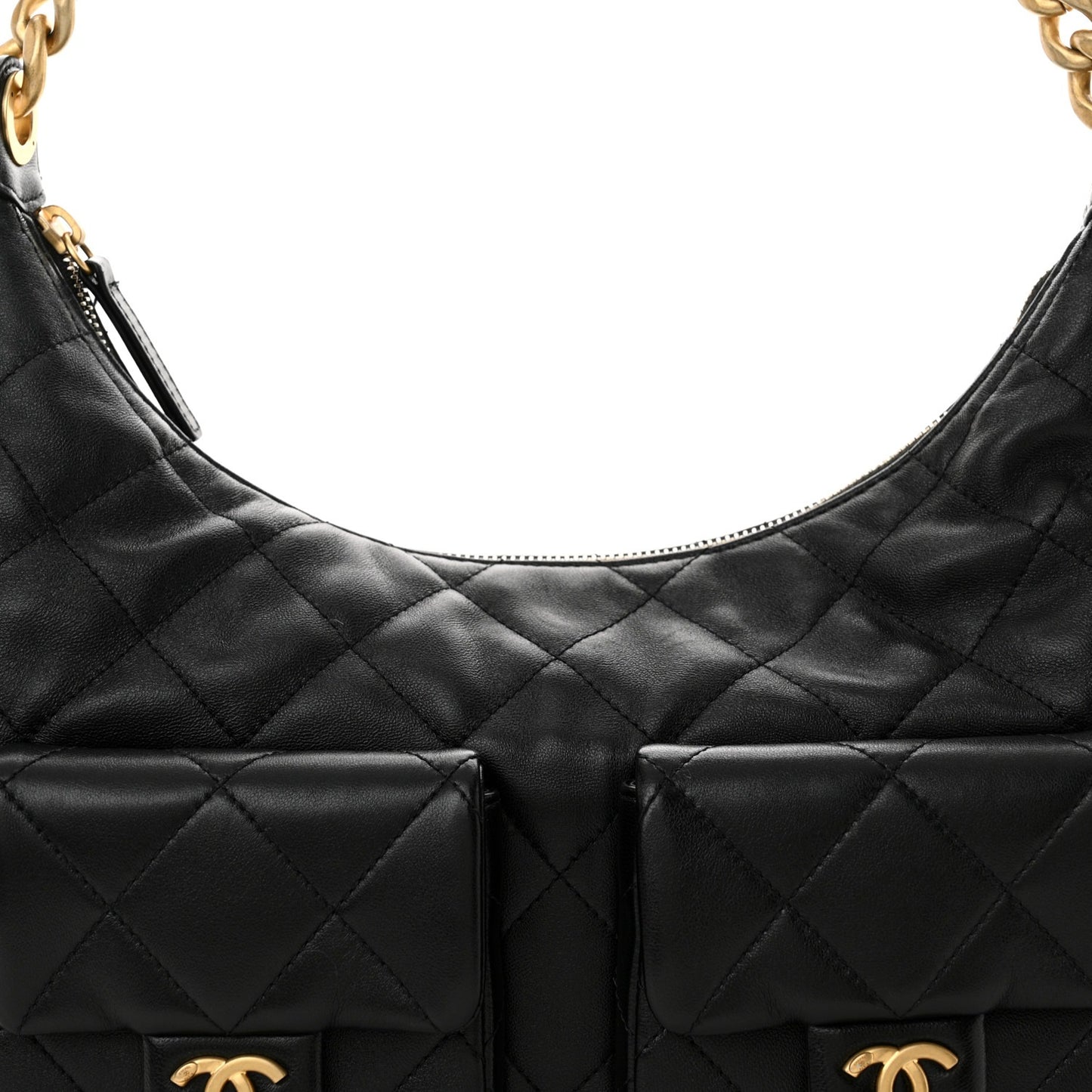 Chanel Shiny Lambskin Quilted Trendy Pockets Hobo Black