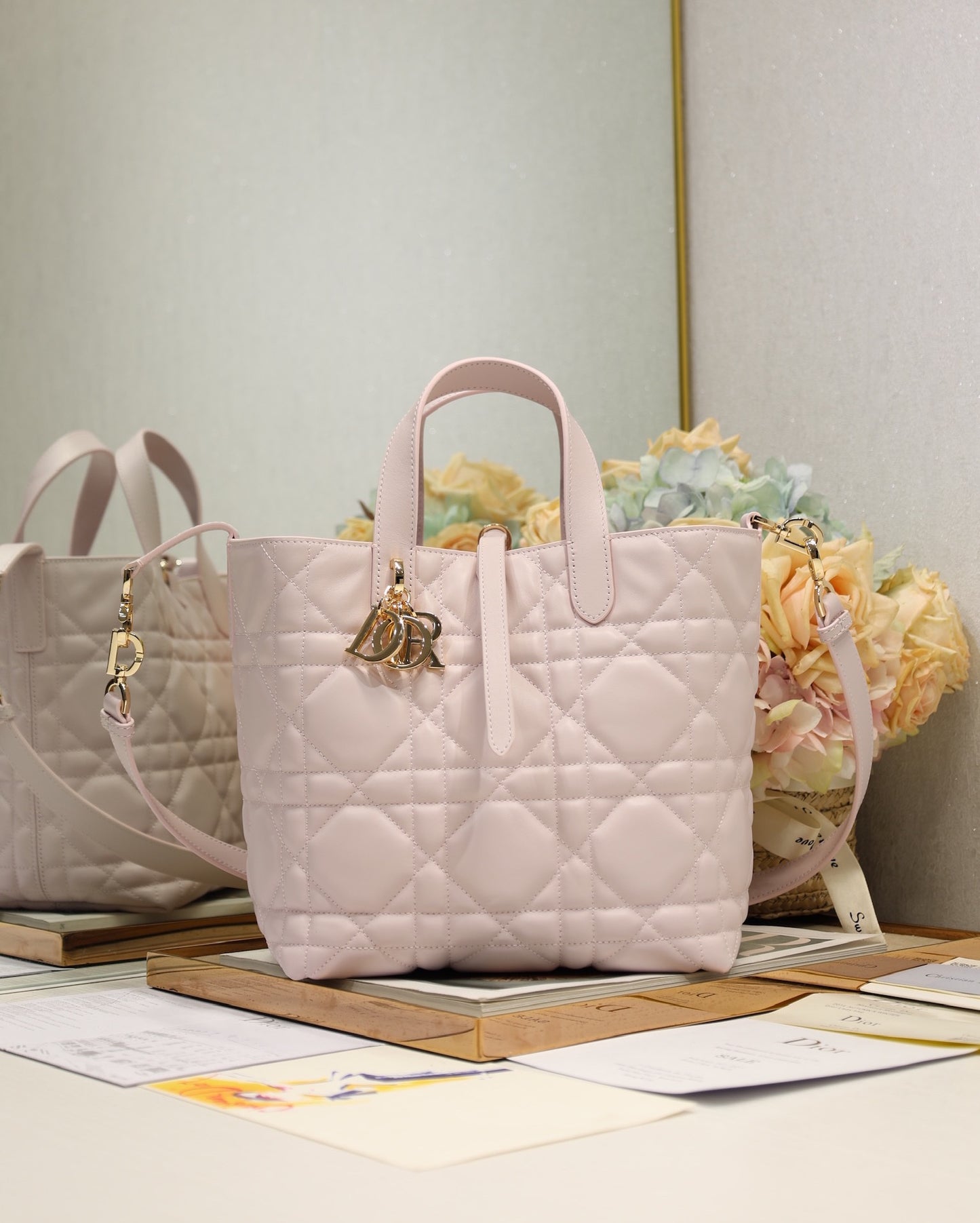 Quilted Vertical Tote with Top Handles and Shoulder Strap