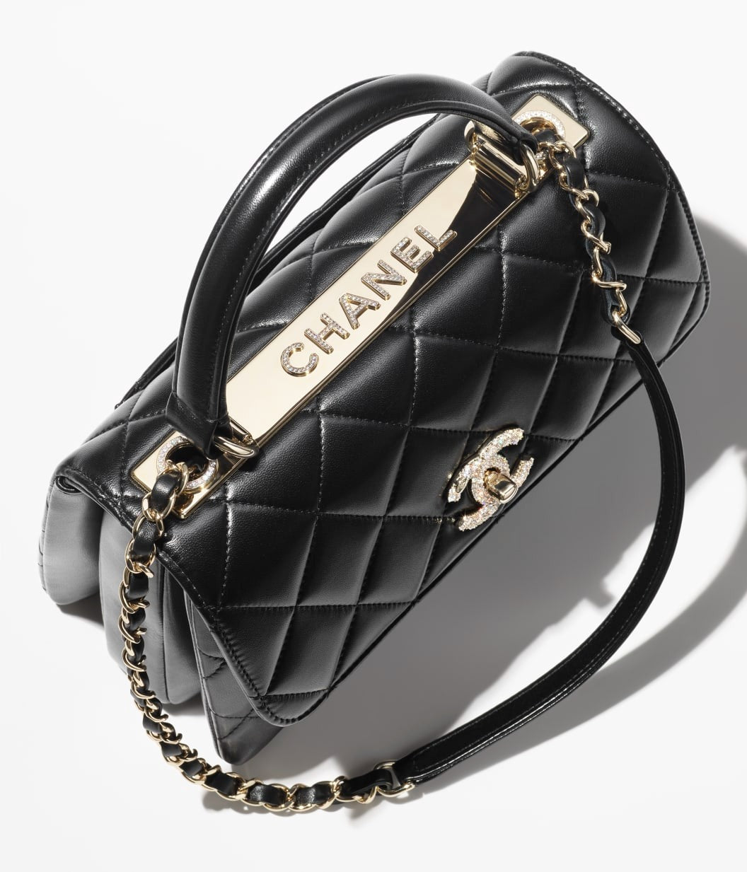 Chanel Flap Bag With Top Handle Lambskin, Diamanté & Gold Metal