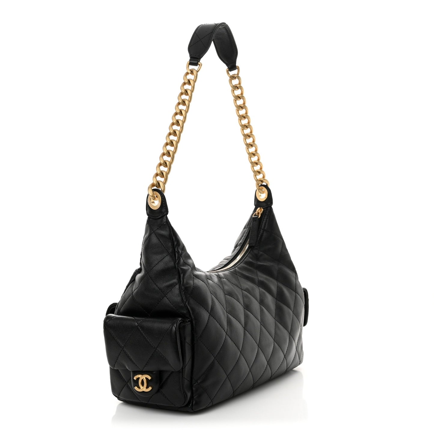 Chanel Shiny Lambskin Quilted Trendy Pockets Hobo Black