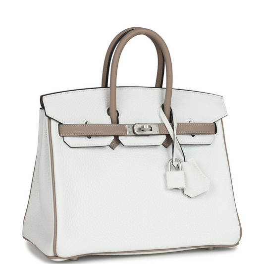 Hermès Special Order (HSS) Birkin 25 White and Etoupe Clemence Brushed Palladium Hardware