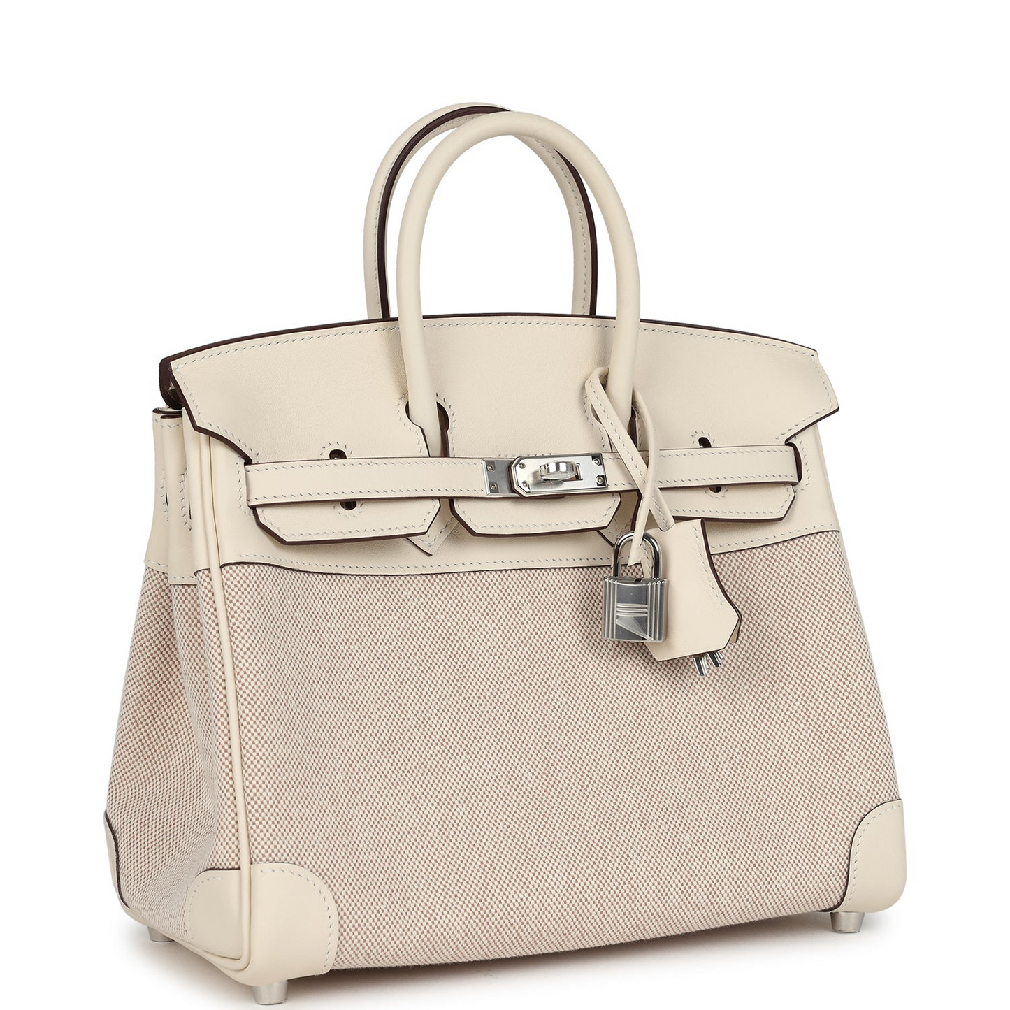 Birkin 25 Nata Swift and Ecru-Beige Toile H Canvas Palladium Hardware