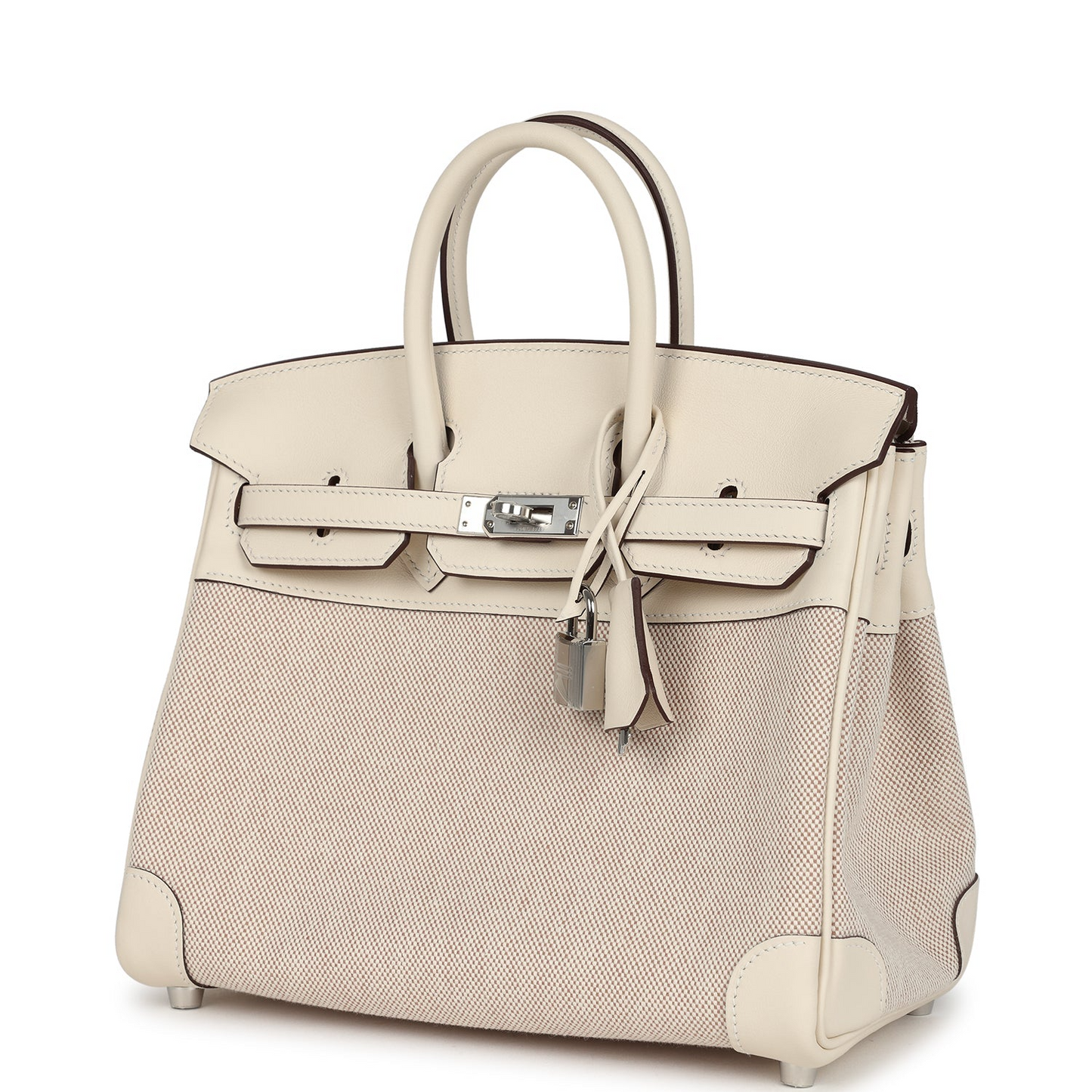 Birkin 25 Nata Swift and Ecru-Beige Toile H Canvas Palladium Hardware