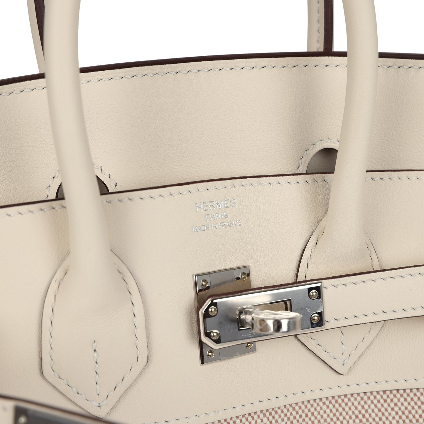 Birkin 25 Nata Swift and Ecru-Beige Toile H Canvas Palladium Hardware
