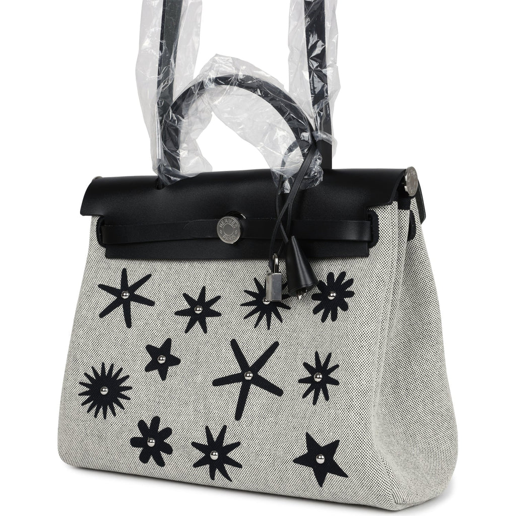 Herbag Zip 31 PM Hobnailed Black and Ecru Printed H Plume Canvas and Vache Hunter Palladium Hardware