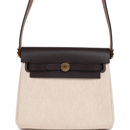 Herbag Zip 20 Mini Ecru and Beige Toile H Canvas and Ebene Vache Hunter Gold Hardware