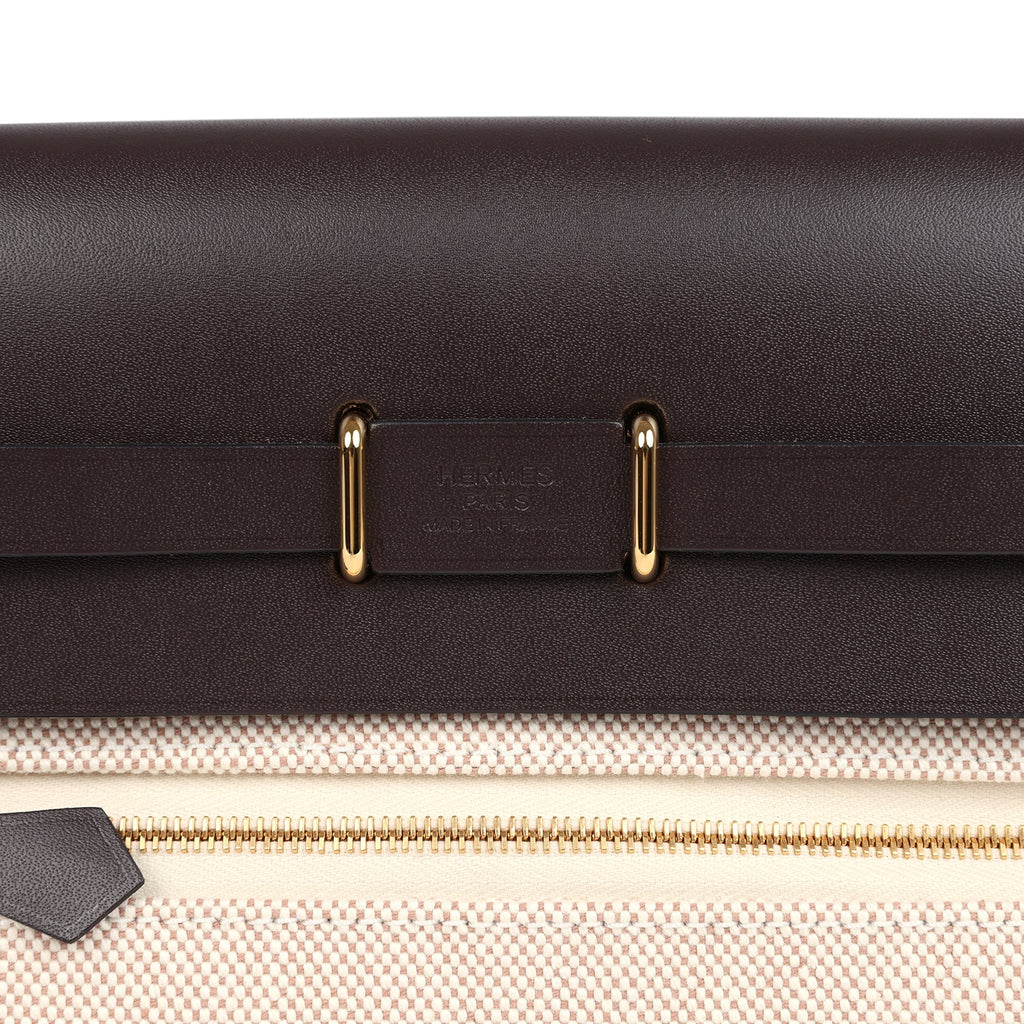 Herbag Zip 20 Mini Ecru and Beige Toile H Canvas and Ebene Vache Hunter Gold Hardware
