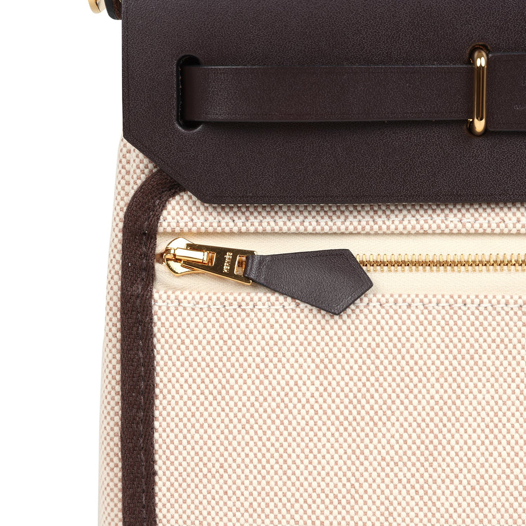 Herbag Zip 20 Mini Ecru and Beige Toile H Canvas and Ebene Vache Hunter Gold Hardware