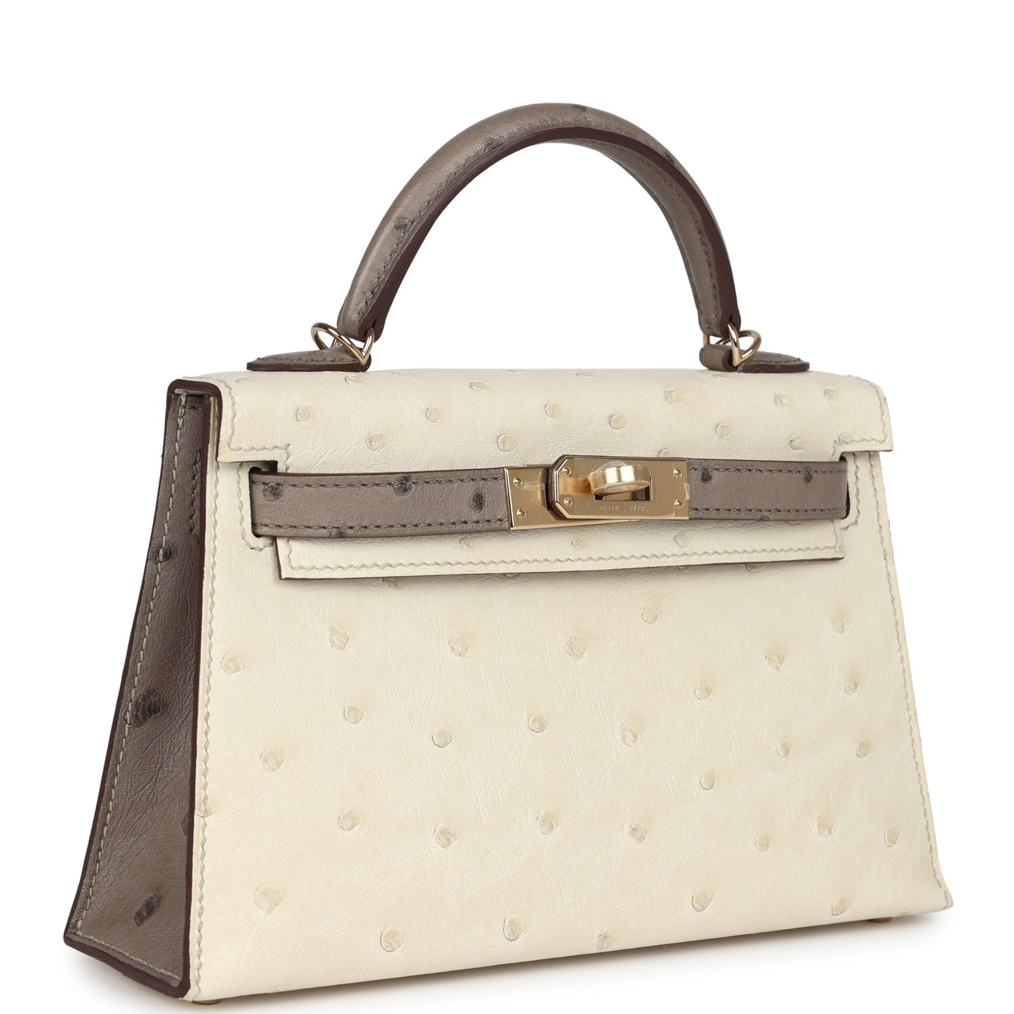 Special Order (HSS) Kelly Sellier 20 Beton and Gris Tourterelle Ostrich Permabrass Hardware