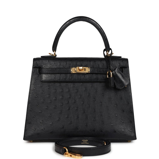 Kelly Sellier 25 Black Ostrich Gold Hardware