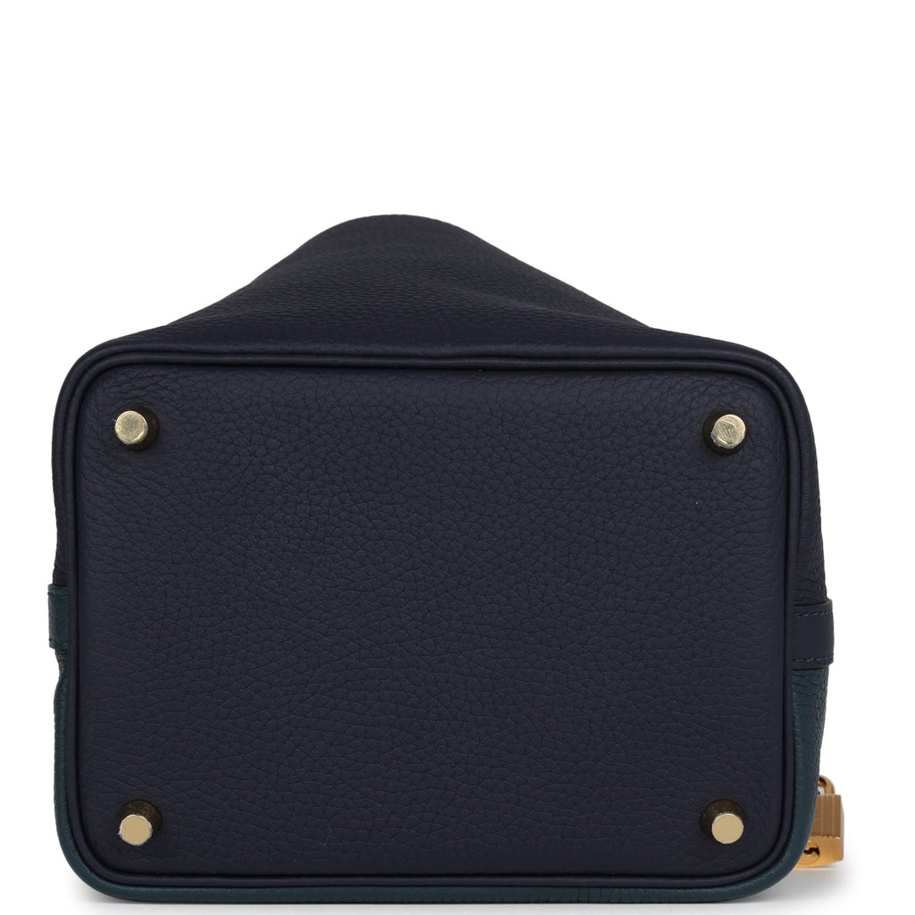 Picotin Lock 18 Casaque Bleu Nuit and Vert Cypress Clemence Gold Hardware