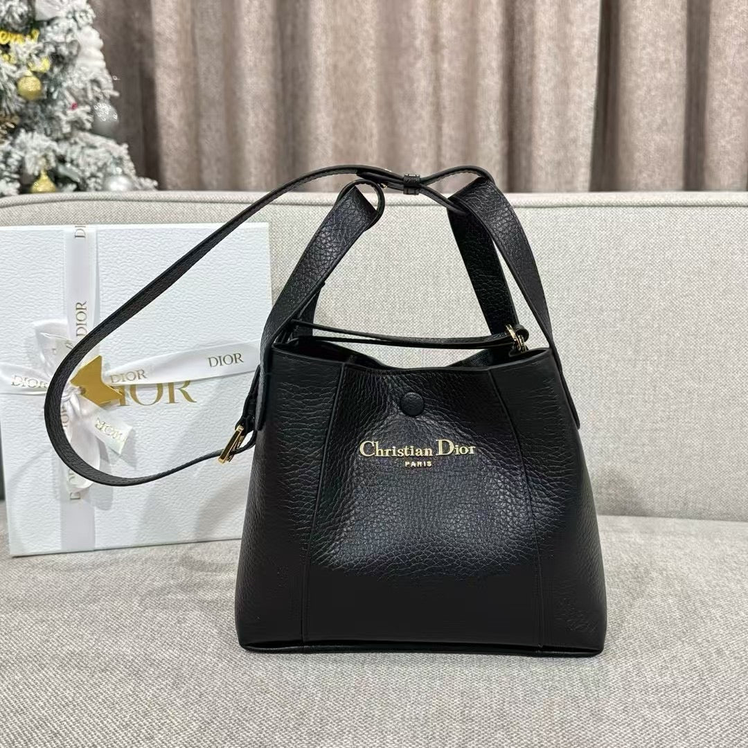Black Leather Structured Shoulder Bag
