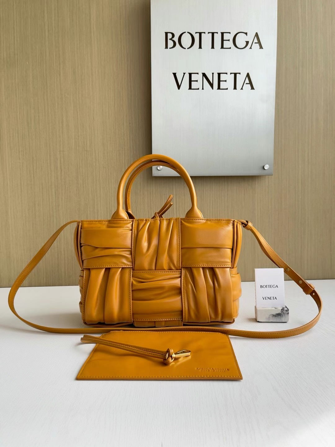 Gathered Leather Handbag with Dual Handles and Shoulder Strap - 20 cm