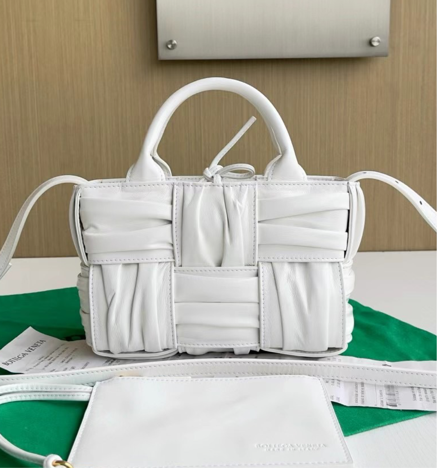 Gathered Leather Handbag with Dual Handles and Shoulder Strap - 25 cm