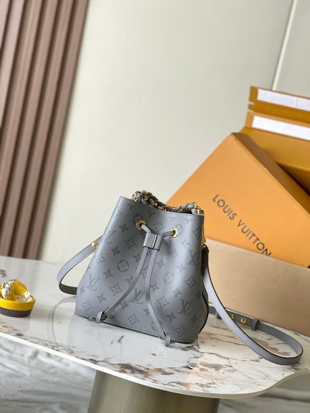 Gray Drawstring Bucket Bag