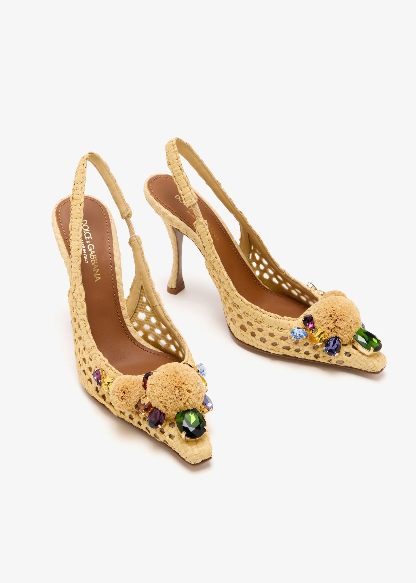 DOLCE & GABBANA Gemstone-embellished raffia slingback pumps
