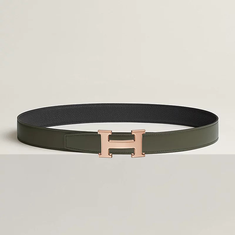 VERT-DE-GRIS / GOLD - NOIR / ÉBÈNE H BELT BUCKLE & REVERSIBLE LEATHER STRAP 32 MM