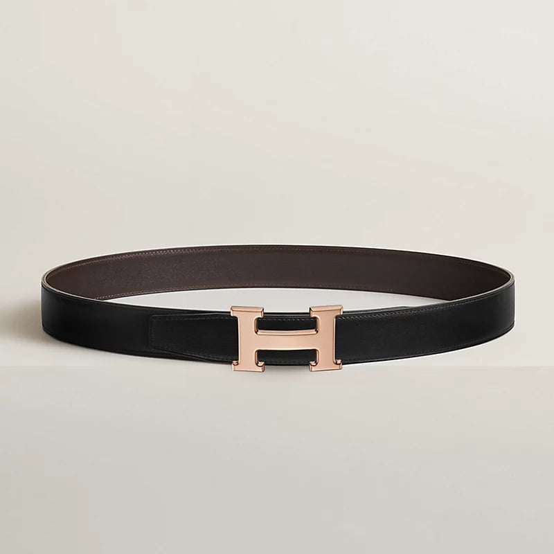 VERT-DE-GRIS / GOLD - NOIR / ÉBÈNE H BELT BUCKLE & REVERSIBLE LEATHER STRAP 32 MM