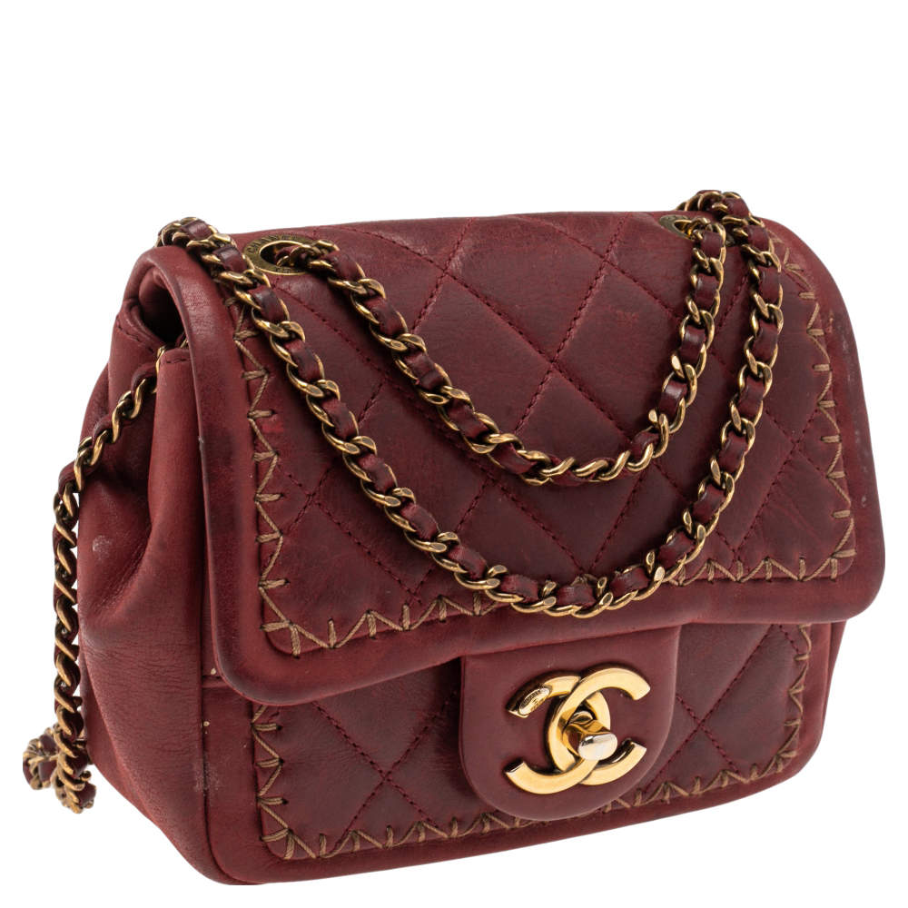 Red Quilted Leather Whipstitch Square Flap Bag