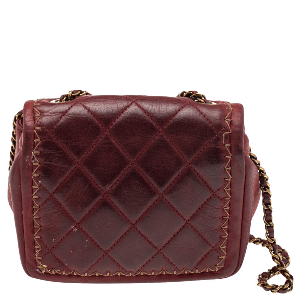 Red Quilted Leather Whipstitch Square Flap Bag