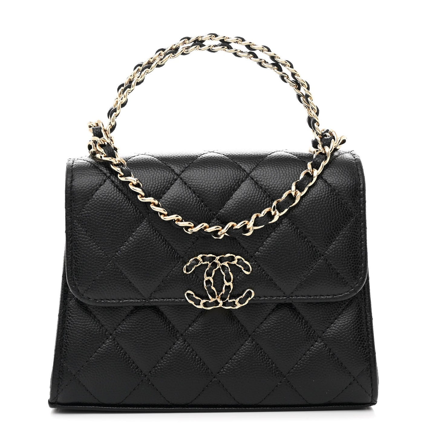 Grained Shiny Calfskin & Gold-Tone Metal Clutch with Chain