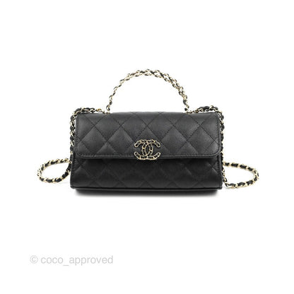 Chanel Top Handle Clutch with Chain Black Caviar Light Gold Hardware 23P