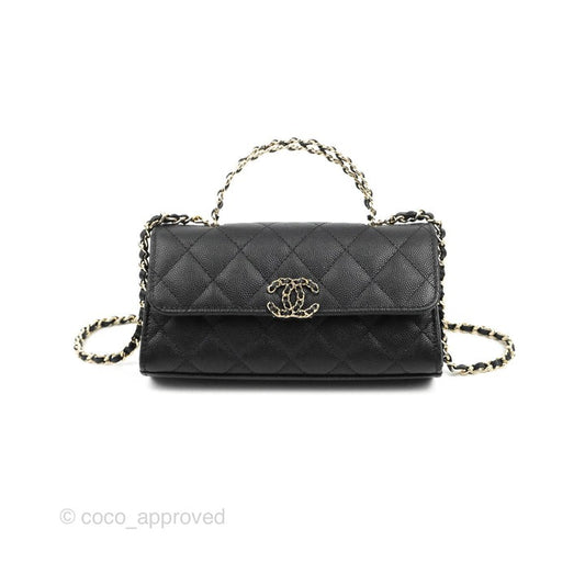 Chanel Top Handle Clutch with Chain Black Caviar Light Gold Hardware 23P
