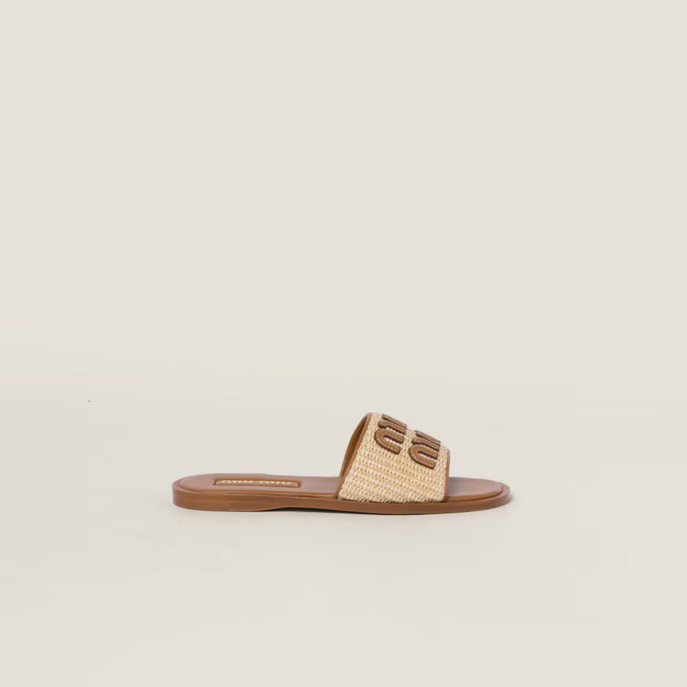 Raffia-Effect Woven Fabric Slides