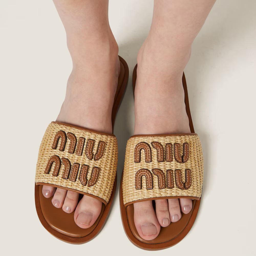 Raffia-Effect Woven Fabric Slides