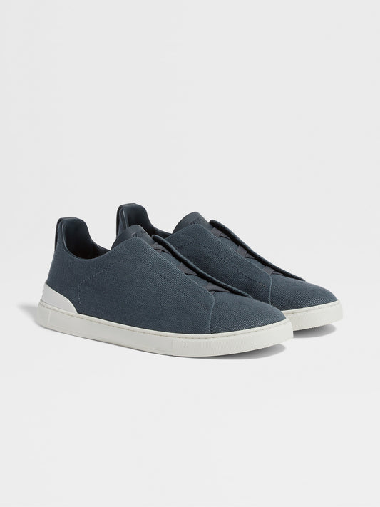 ZEGNA Dark Teal Blue Cotton Linen and Leather Triple Stitch™ Sneakers