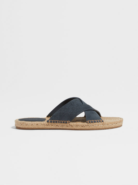 ZEGNA Dark Teal Blue Suede Espadrille Sandals