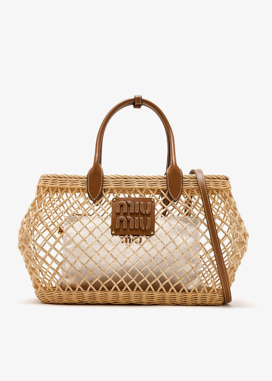 Leather edge knitted fabric handbag