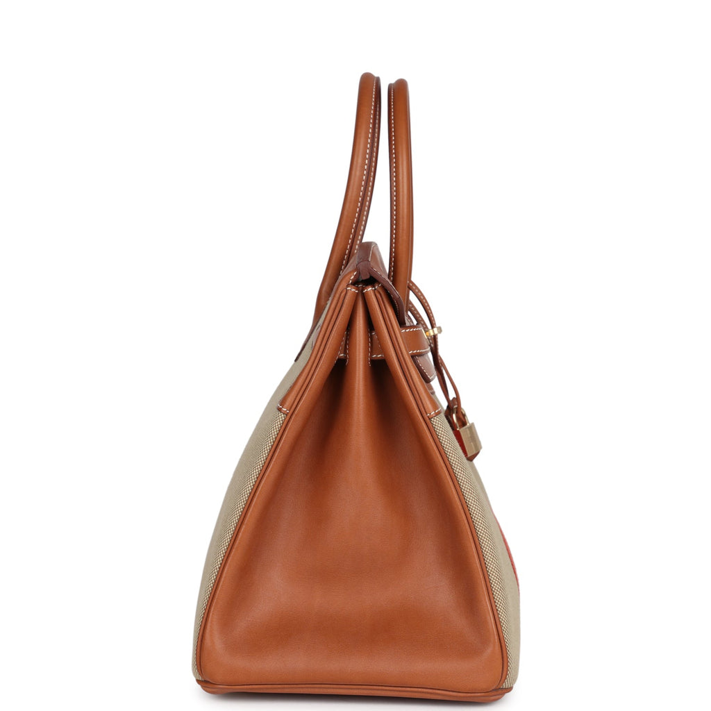 Birkin 35 Flag Ficelle and Paprika Toile H and Fauve Barenia Permabrass Hardware