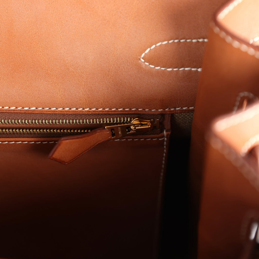 Birkin 35 Flag Ficelle and Paprika Toile H and Fauve Barenia Permabrass Hardware