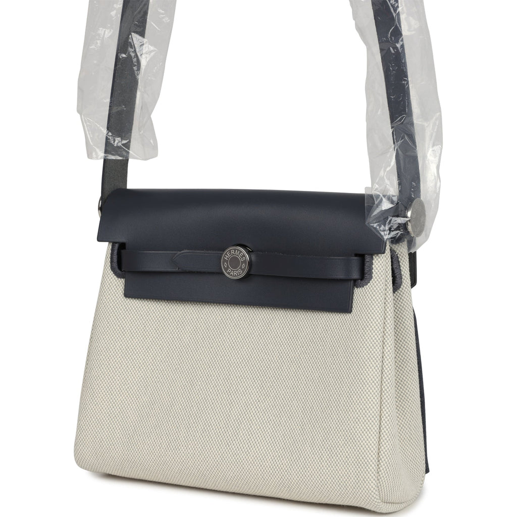 Herbag Zip 20 Mini Ecru and Bleu Glacier Toile H Canvas and Ardoise Vache Hunter Palladium Hardware