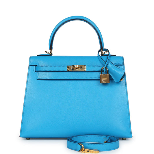 Kelly Sellier 25 Bleu Frida Chevre Gold Hardware