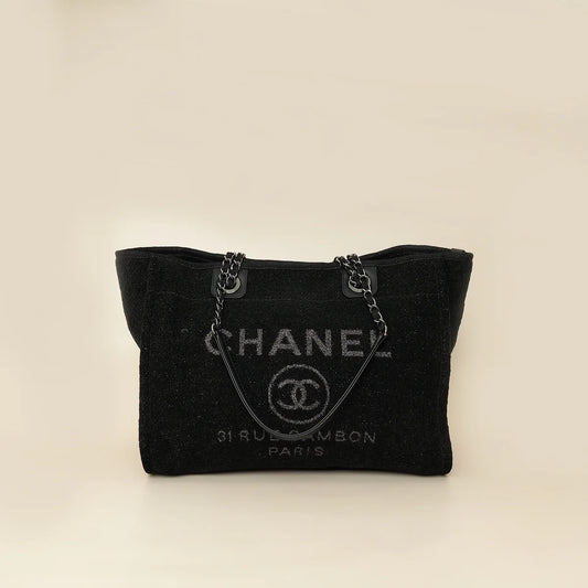 Chanel Black CC Deauville Tote Lurex Boucle Medium
