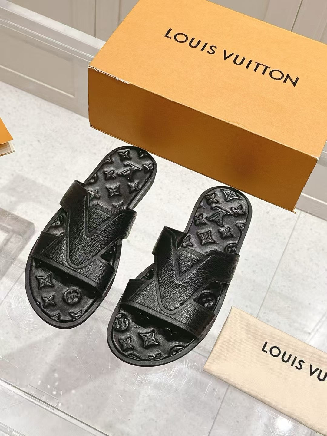 Embossed Leather Slide Sandals