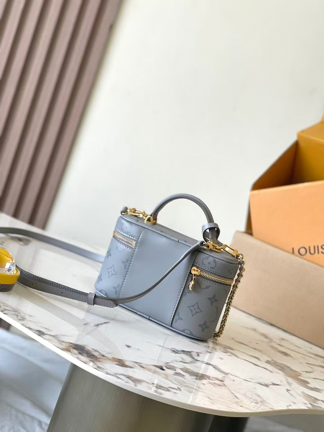 Gray Box Bag with Gold Chain