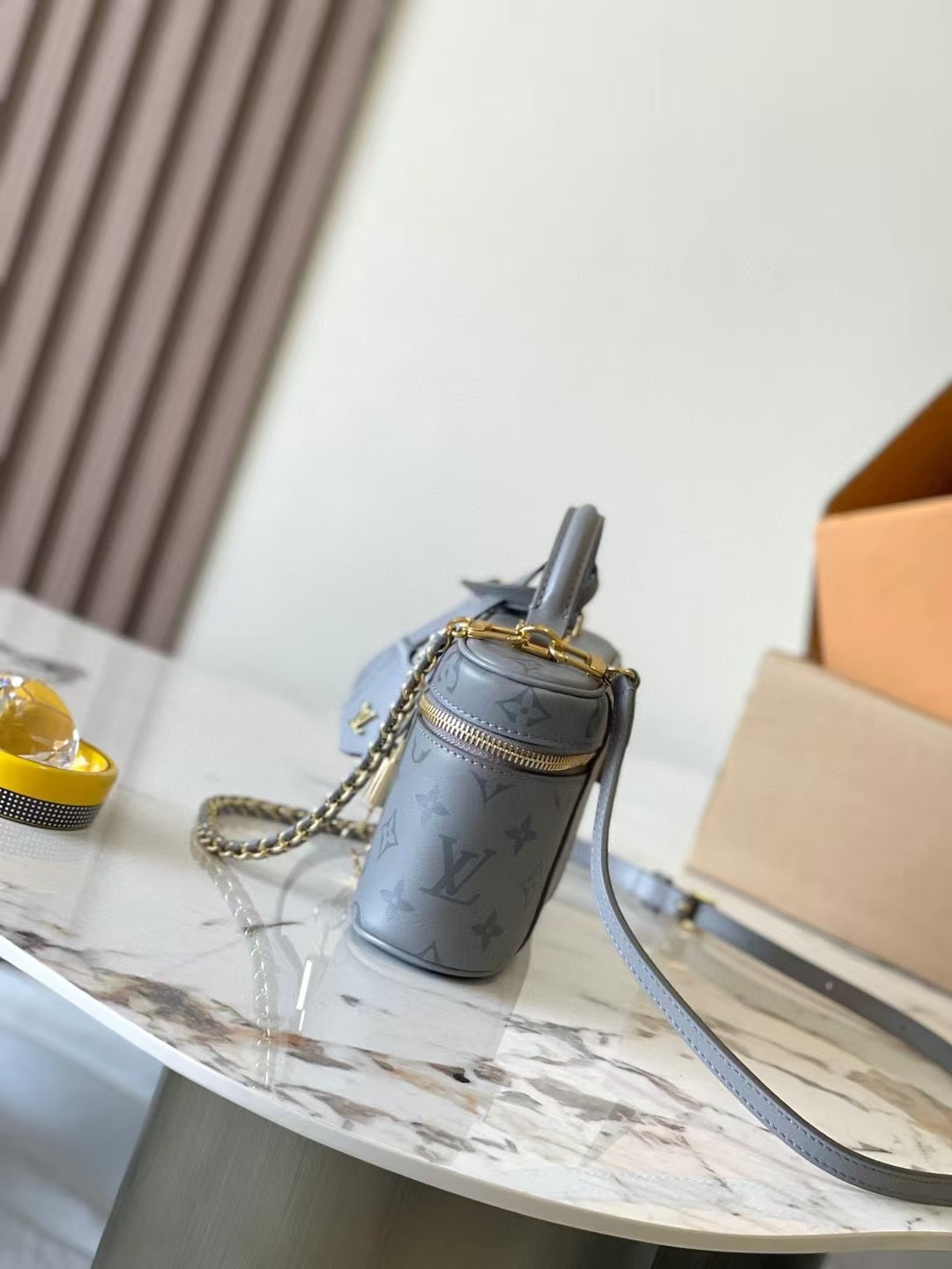 Gray Box Bag with Gold Chain