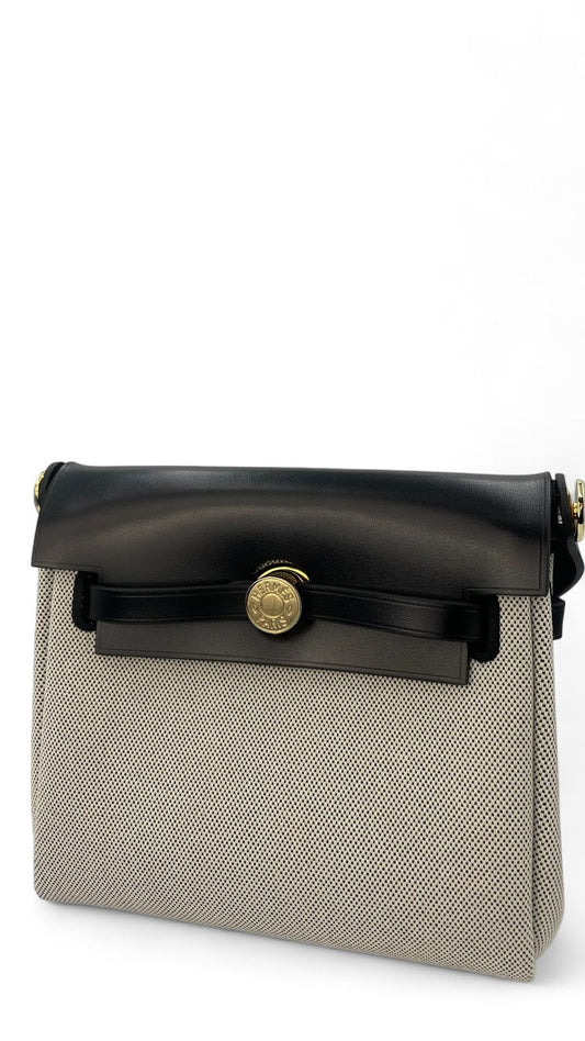 Hermès Herbag Zip 20 Mini Ecru and Black Toile H Canvas and Black Vache Hunter Gold Hardware
