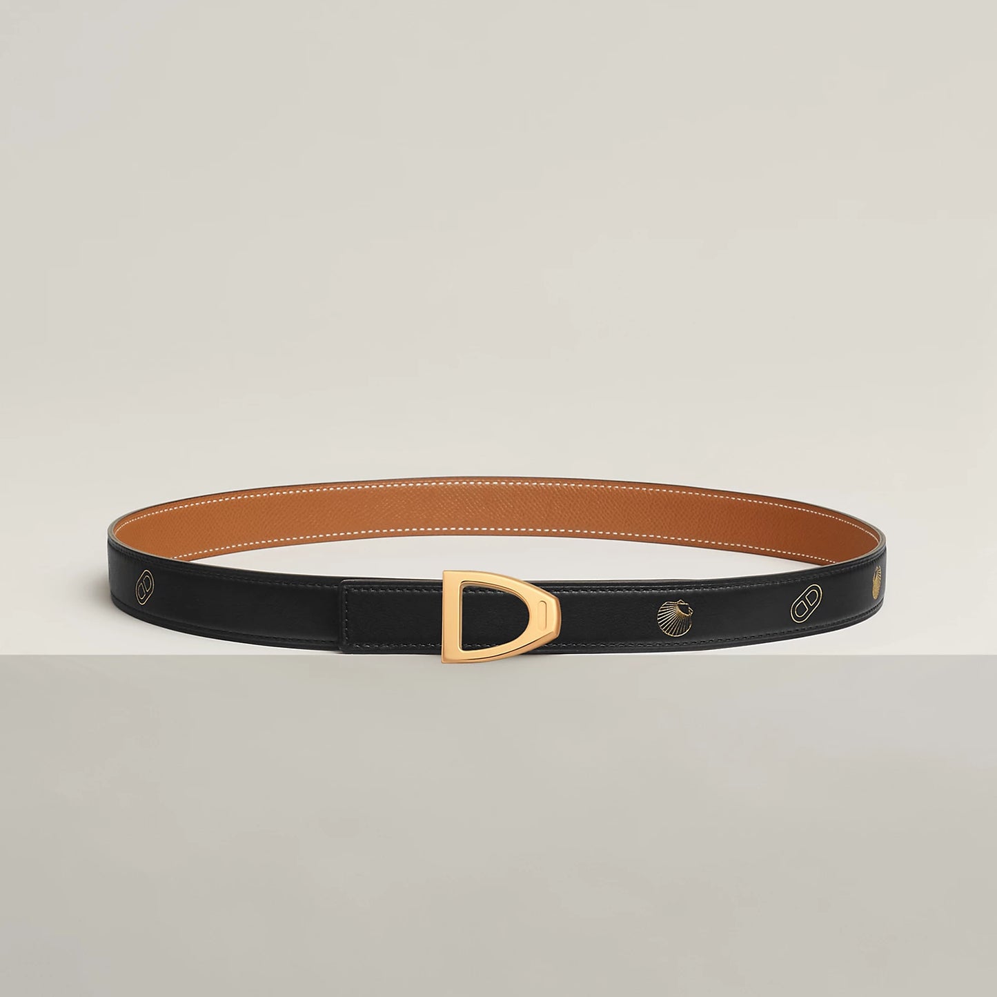 NOIR / GOLD - HAVANE / MAUVE PÂLE  CAVALIERE BELT BUCKLE & REVERSIBLE LEATHER STRAP 24 MM