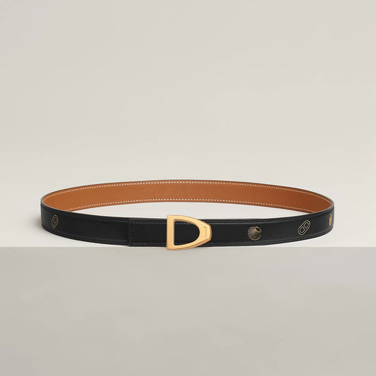 NOIR / GOLD - HAVANE / MAUVE PÂLE  CAVALIERE BELT BUCKLE & REVERSIBLE LEATHER STRAP 24 MM