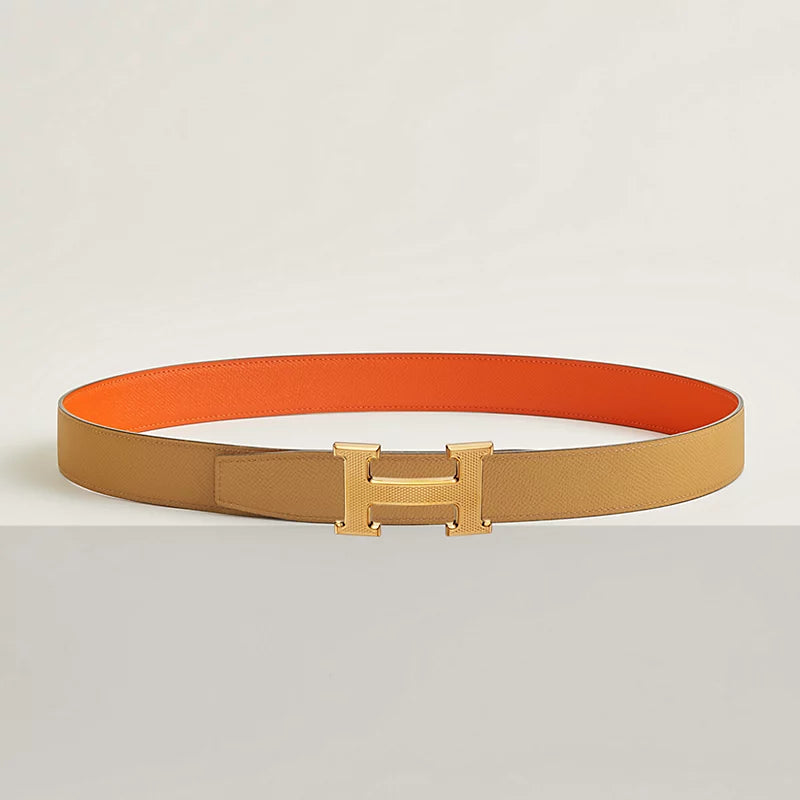 H Guillochee Belt Buckle & Reversible Leather Strap 32 MM