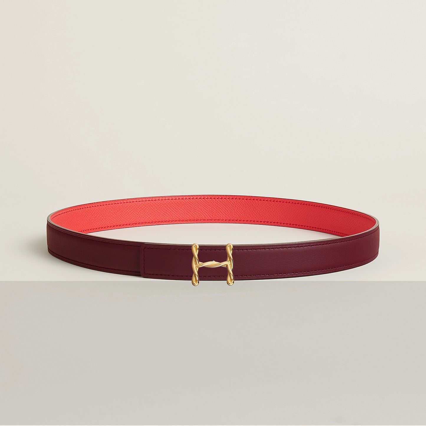 NOIR / GOLD- HAVANE / MAUVE PÂLE  H TORSADE BELT BUCKLE & REVERSIBLE LEATHER STRAP 24 MM