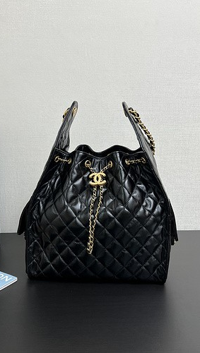 Quilted Drawstring Bucket Bag with Chain Strap