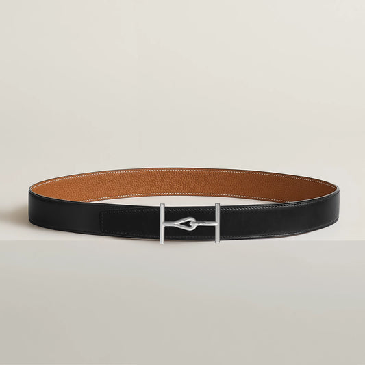 NOIR / GOLD-BLEU MARINE / ÉCORCE  JUMBO BELT BUCKLE & REVERSIBLE LEATHER STRAP 32 MM